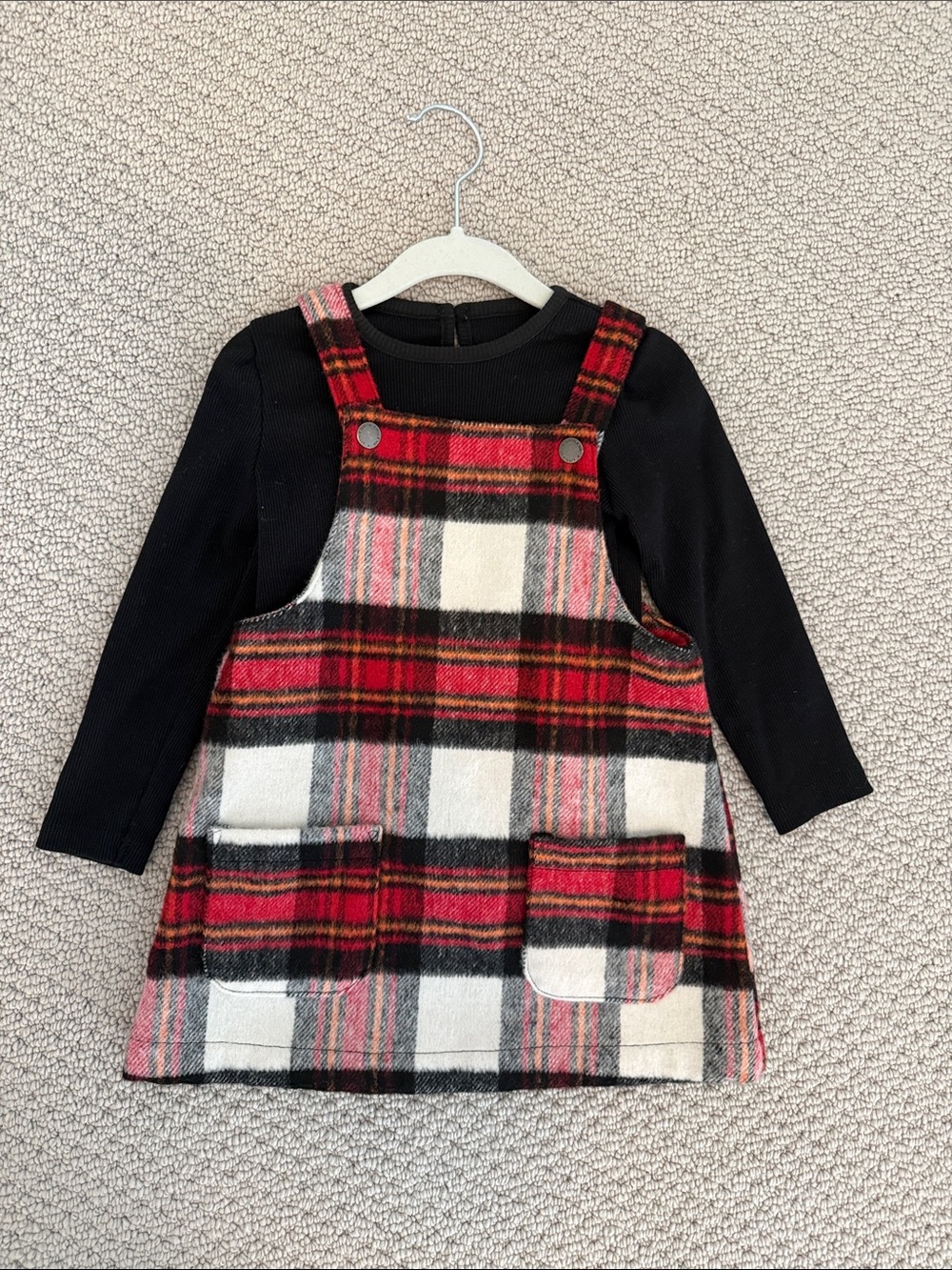 Little Me - Red Plaid Pinafore Overalls set